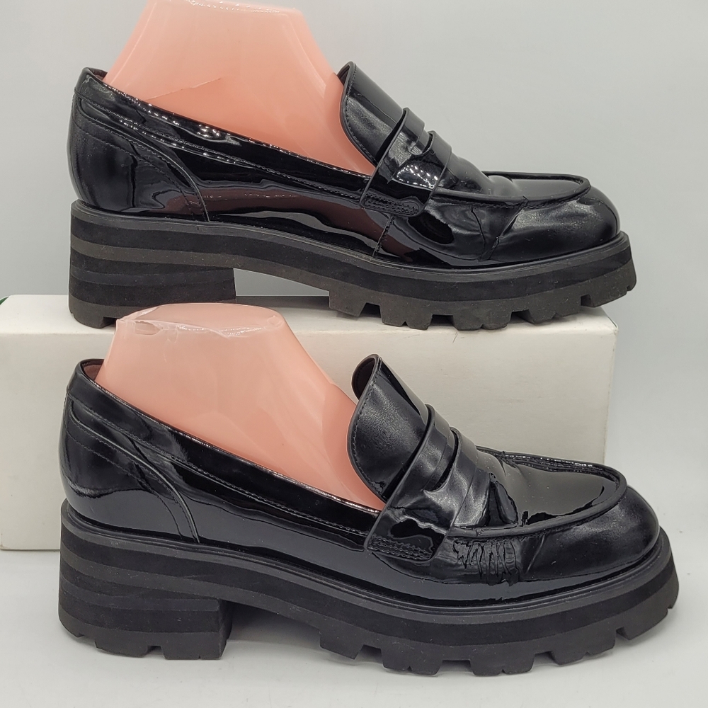 Marc Fisher patent weather 1"" platform 2.25" loafers size 10m